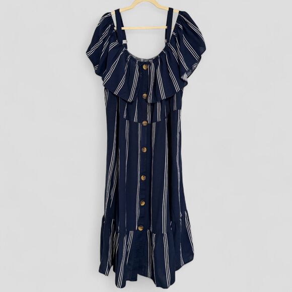 Terra & Sky Off the Shoulder Midi Dress Button Down Smocked Size 4X / 28W-30W - Picture 3 of 10